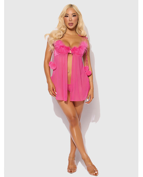 Marilyn Marabou &amp; Mesh Babydoll &amp; G-String Set - Pink 1X/2X