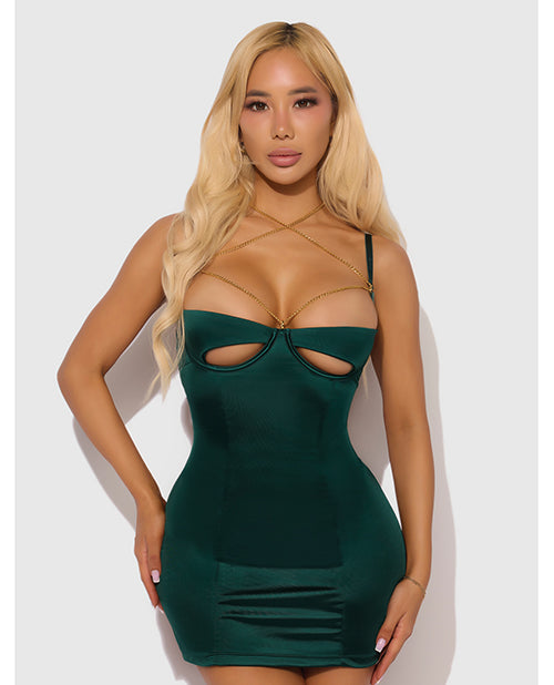 Evangeline Satin &amp; Chain Open Cup &amp; Back Chemise &amp; G-String Set - Green LG