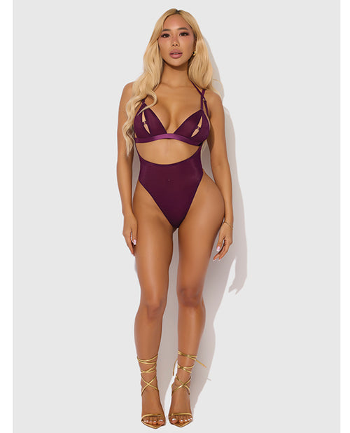 Yasmine Shimmer Mesh Slit Cup, Backless Teddy &amp; Bralette Set - Burgundy MD