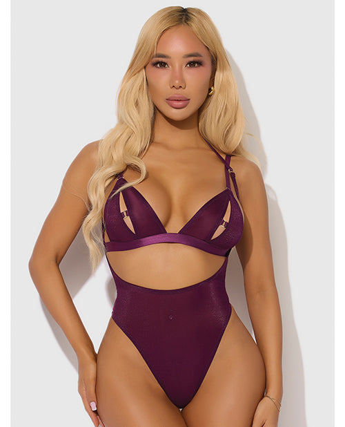 Yasmine Shimmer Mesh Slit Cup, Backless Teddy &amp; Bralette Set - Burgundy XL