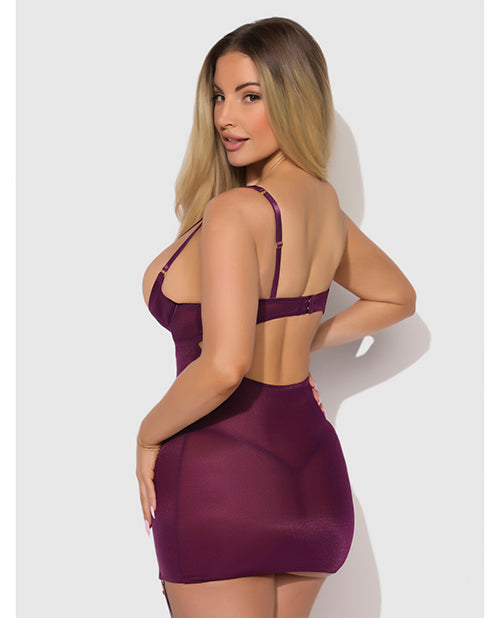 Yasmine Shimmer Mesh O-Ring Thigh Garter Chemise &amp; G-String Set - Burgundy SM