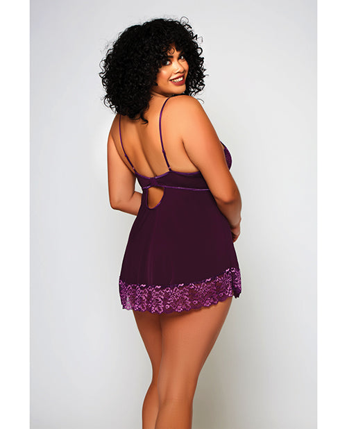 Cross Dye Lace &amp; Microfiber Babydoll &amp; G-String Purple 2X