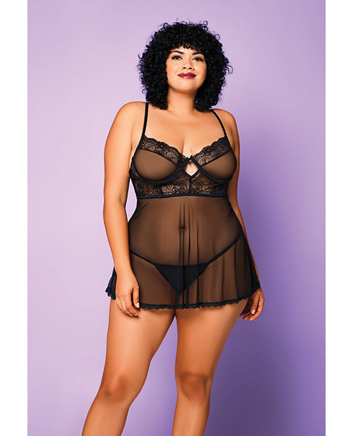 Soft Mesh Babydoll &amp; G-String Black 3X