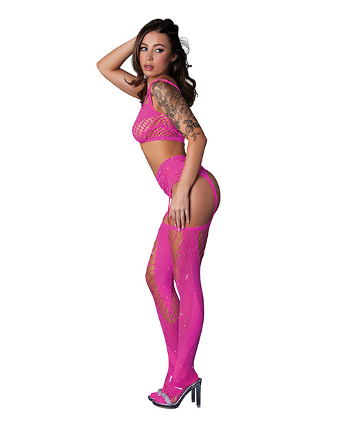 Seamless Blacklight Reflective Bralette w/G-String &amp; Garter Stocking 3 pc Set - Pink O/S