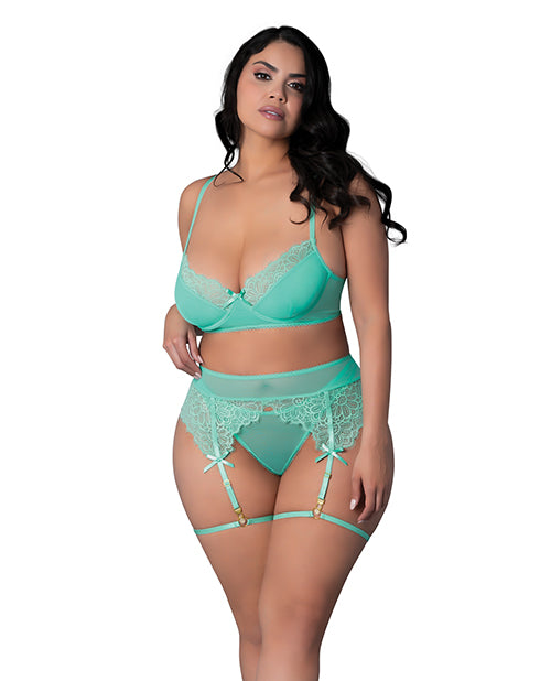 Caribbean Crush Demi Bra w/Thong &amp; Garters 3 pc Set - Aqua QN