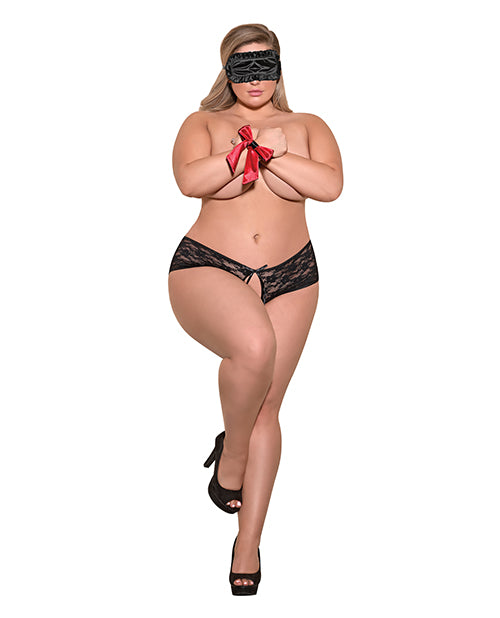 Love &amp; Bondage Split Back Lace Booty Short, Blindfold &amp; Wrist Ties Black QN