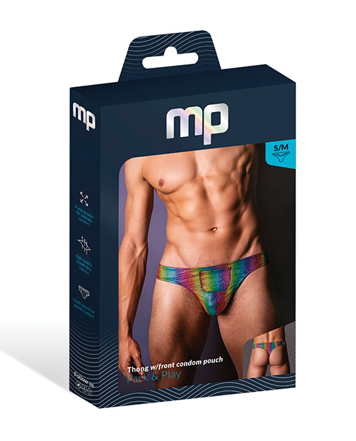 Pack &amp; Play Thong w/Front Condom Pouch - Rainbow S/M