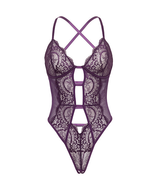 Carmen Lace &amp; Mesh Underwire Crotchless Teddy - Imperial Purple L/XL