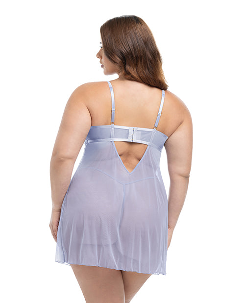 Elsie Lace &amp; Mesh Underwire Babydoll w/G-String 2 pc Set - Brunnera Blue 1X/2X