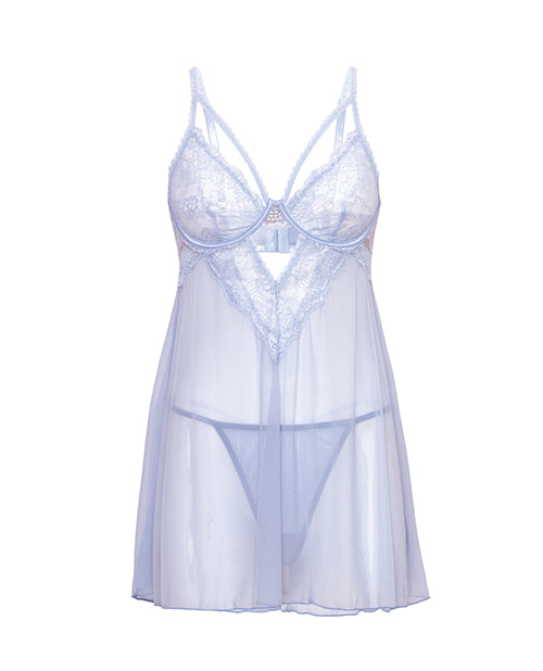Elsie Lace &amp; Mesh Underwire Babydoll w/G-String 2 pc Set - Brunnera Blue 1X/2X