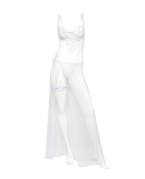 Livia Dot Mesh &amp; Lace Underwire Gown &amp; Garter 2 pc Set - White 1X/2X