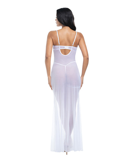 Livia Dot Mesh &amp; Lace Underwire Gown &amp; Garter 2 pc Set - White L/XL