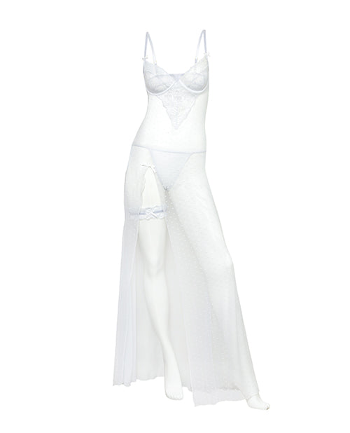 Livia Dot Mesh &amp; Lace Underwire Gown &amp; Garter 2 pc Set - White L/XL
