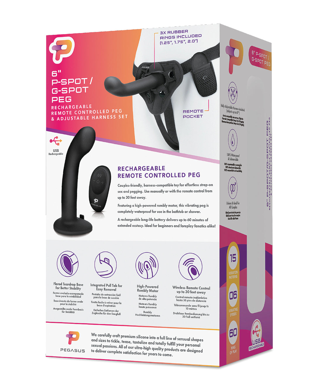 Pegasus 6" Rechargeable P-Spot G-Spot Peg w/Adjustable Harness &amp; Remote Set - Black