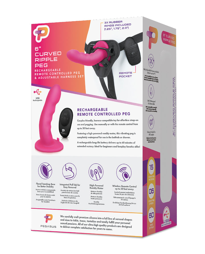 Pegasus 6" Rechargeable Ripple Peg w/Adjustable Harness &amp; Remote - Pink