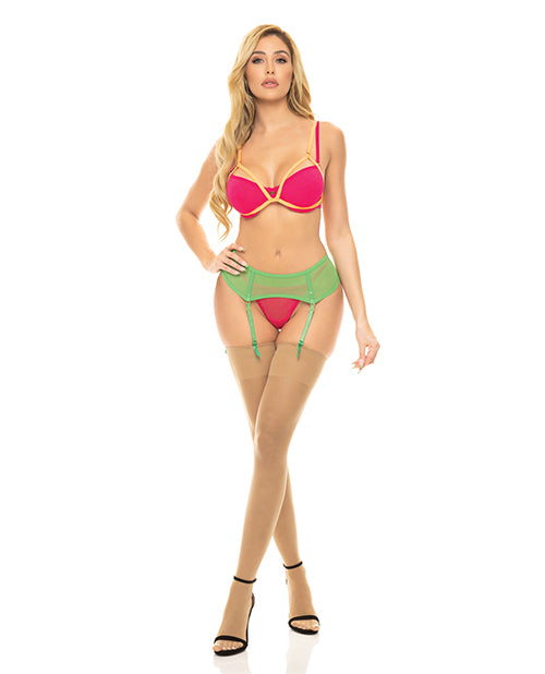 Pink Lipstick Come to Me Bra, Garter Belt &amp; G-String Neon S/M