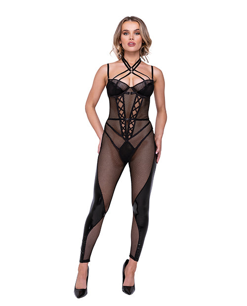 Flirty Fetish Fishnet &amp; Faux Leather Catsuit w/Satin Trim Black MD