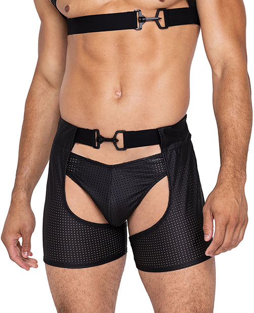 Master Chaps w/Hook &amp; Ring Closure &amp; Rear Cut Out (Thong Not Included) - Black SM