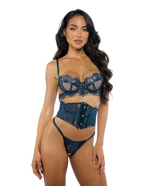 Eden Scalloped Eyelash Lace &amp; Wet Look Waspie 3 pc Set - Teal MD
