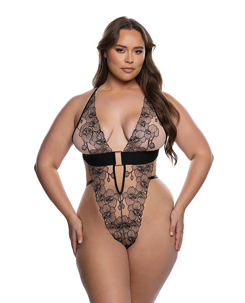 Orchid Blossom Embroidered Teddy - Black/Nude 1X