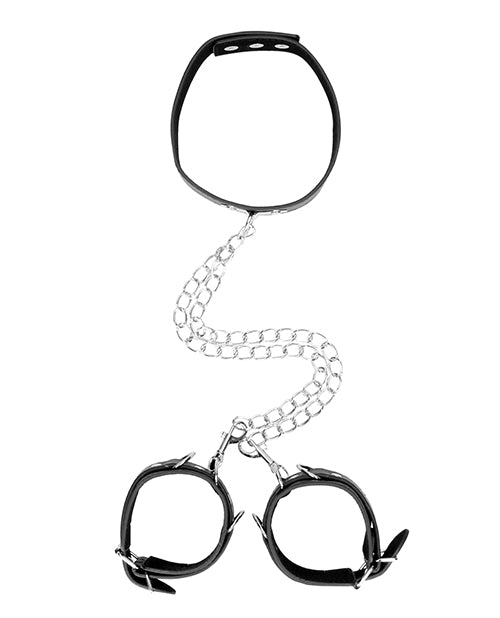 Shots Ouch Black &amp; White Bonded Leather Collar w/Hand Cuffs - Black