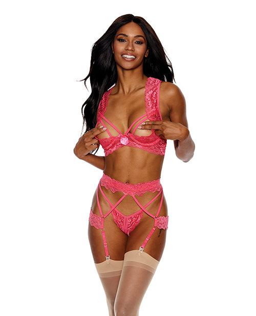 Lace Underwire Peek a Boo Bra, Garterbelt &amp; G-String Coral XL