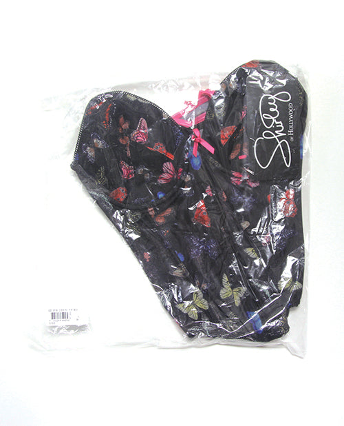 Black Mesh Butterfly Print Bustier w/G-String - Multi-Color MD
