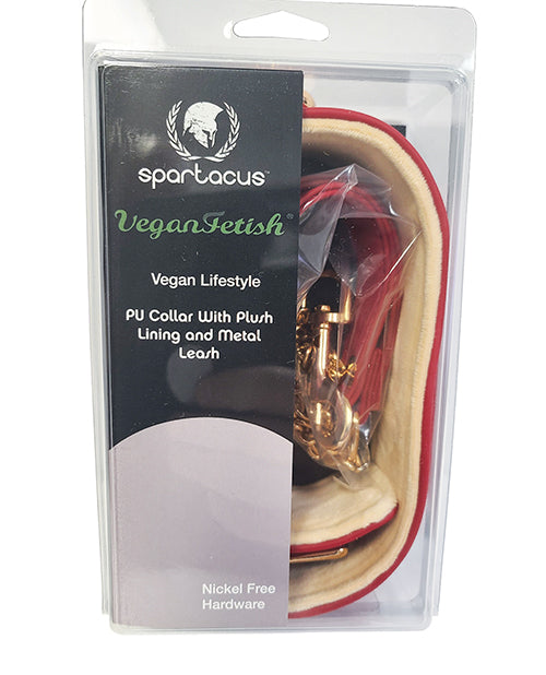 Spartacus Plush Lined PU Collar &amp; Chained Leash - Red
