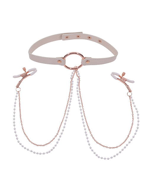 Sex &amp; Mischief Peaches 'n CreaMe Collar w/Nipple Clamps