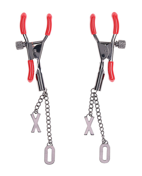 Sex &amp; Mischief Ex's &amp; Oh's Nipple Clamps - Red/Black