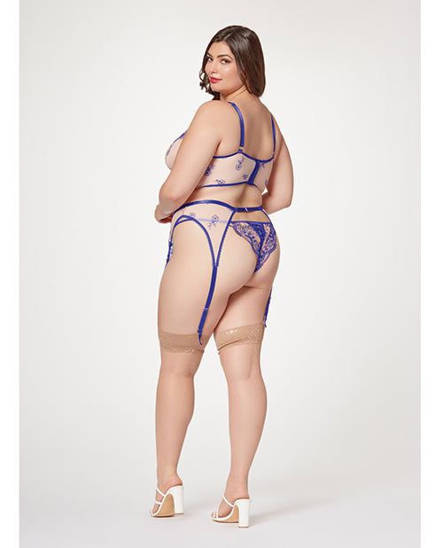 Sheer Stretch Mesh w/Floral Contrast Embroidery Bustier, Garter Belt &amp; Thong Blue/Nude 3X/4X