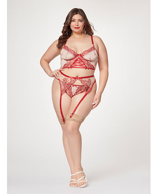 Sheer Stretch Mesh w/Floral Contrast Embroidery Bustier, Garter Belt &amp; Thong Red/Nude 3X/4X
