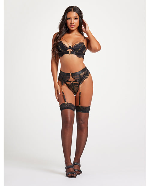 Scalloped Lace Bra w/Gold Chain, Garter Belt &amp; Thong Black XL