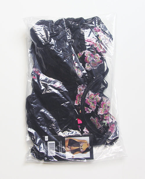 Floral Lace and Mesh Underwire Babydoll w/Open Back Panty 2 pc Set - Black/Pink MD