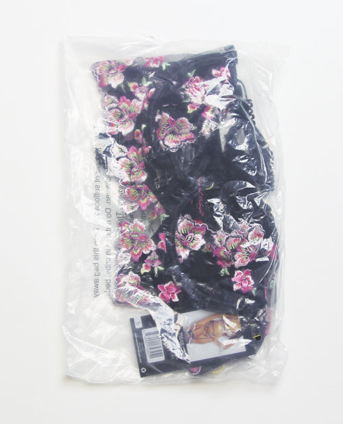 Floral Lace and Mesh Long Line Underwire Bra w/Garter &amp; G-String - Black/Pink MD