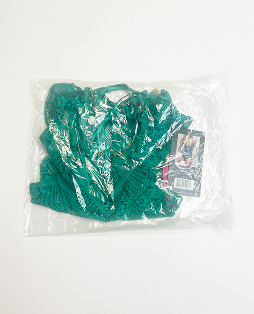 Lace and Mesh Open Crotch Teddy w/Gold Straps - Green MD