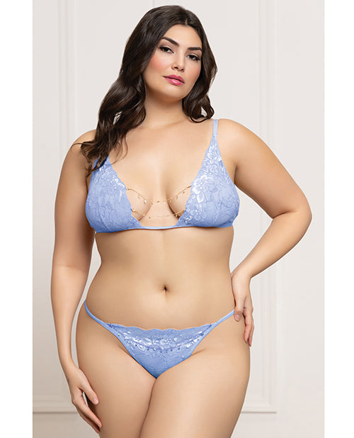 Lace Triangle Top &amp; G-String with Rhinestone Details - Periwinkle Blue QN