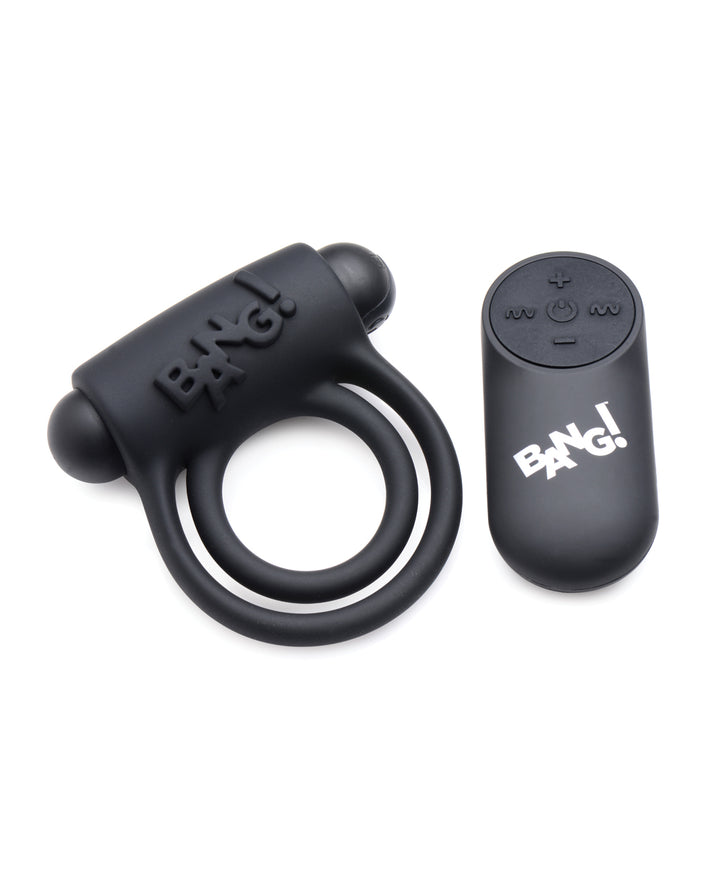 Bang! Vibrating Cock Ring &amp; Bullet w/Remote Control - Black