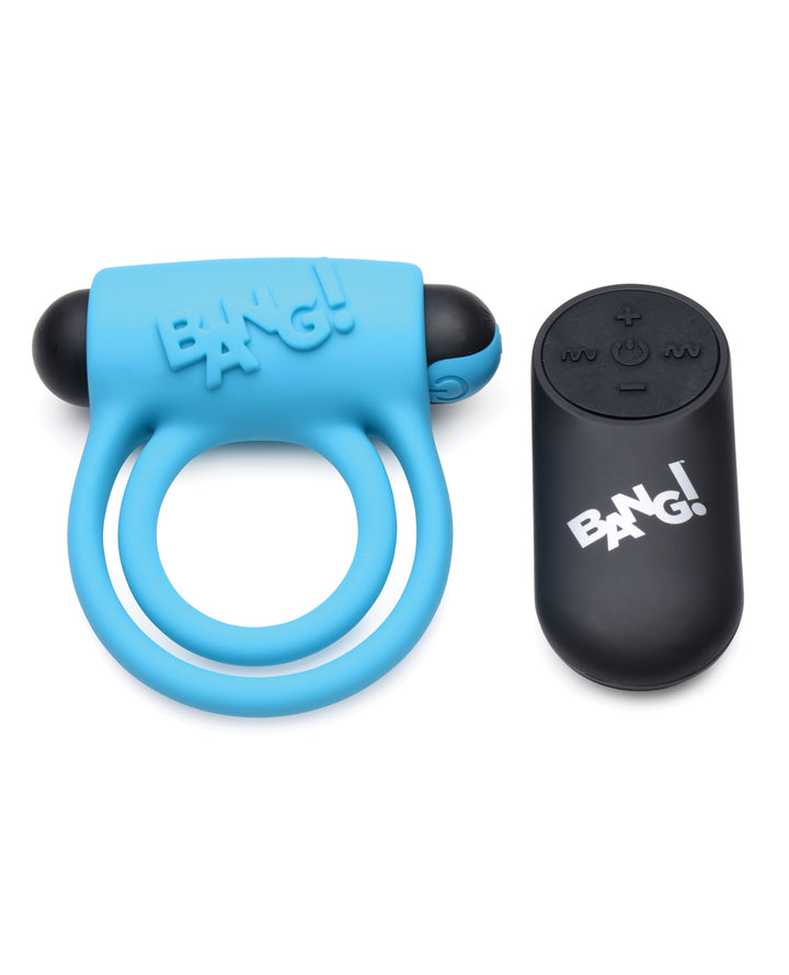 Bang! Vibrating Cock Ring &amp; Bullet w/Remote Control - Blue