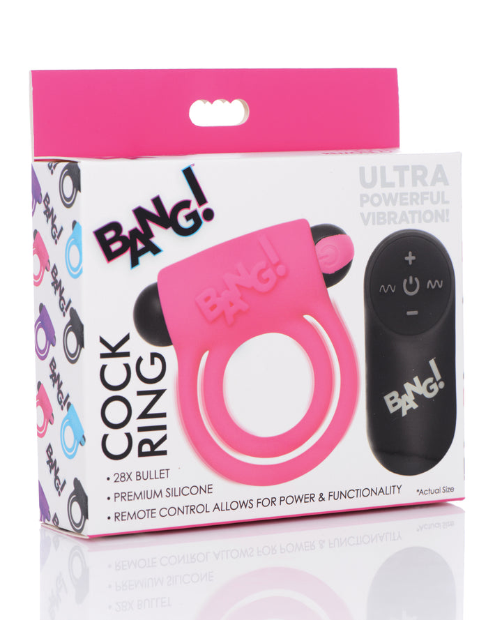 Bang! Vibrating Cock Ring &amp; Bullet w/Remote Control - Pink