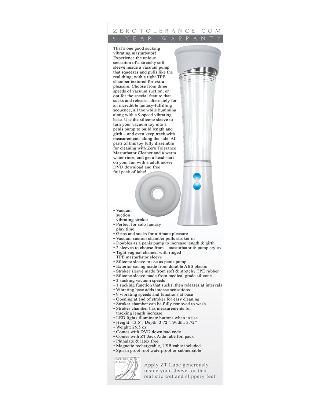 Zero Tolerance Sucking Good Rechargeable Vibrating Pump - White/Clear